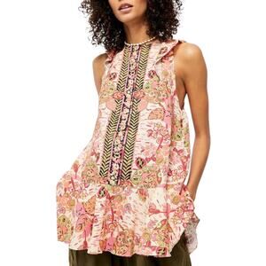 Free People Tulum Printed Linen Blend Tunic Top Pink Sleeveless Ruffle Boho S